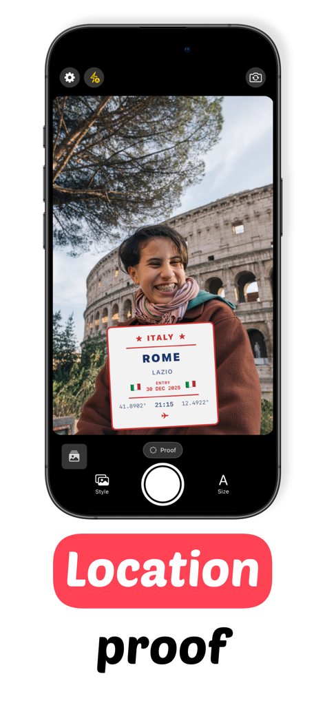 Travel Camera app interface showing location and timestamp badge overlay on a photo in Rome
