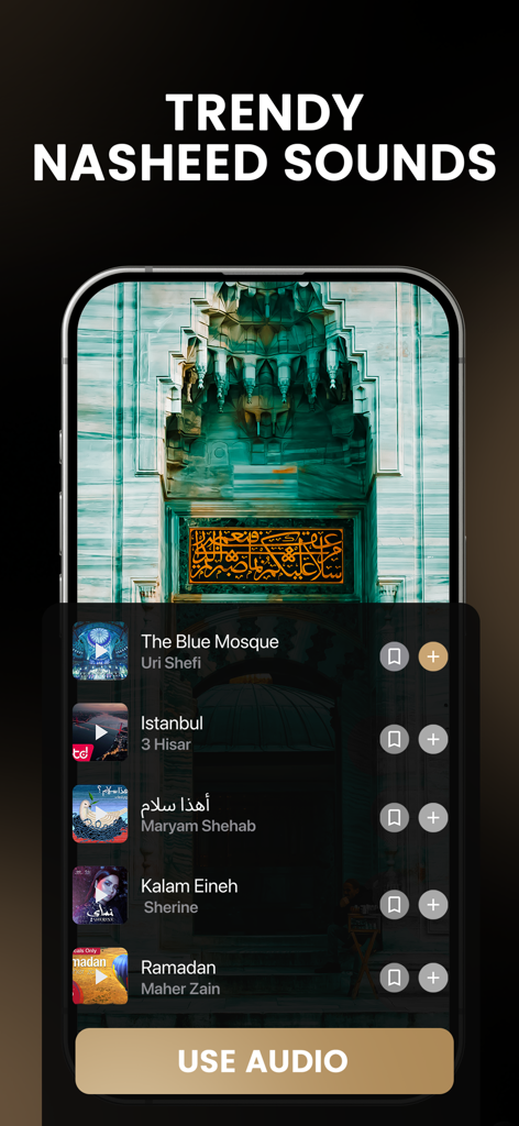 Muslim Video Templates & Maker - A mobile app interface displaying a list of trendy nasheed sounds for video editing with a large use audio button.