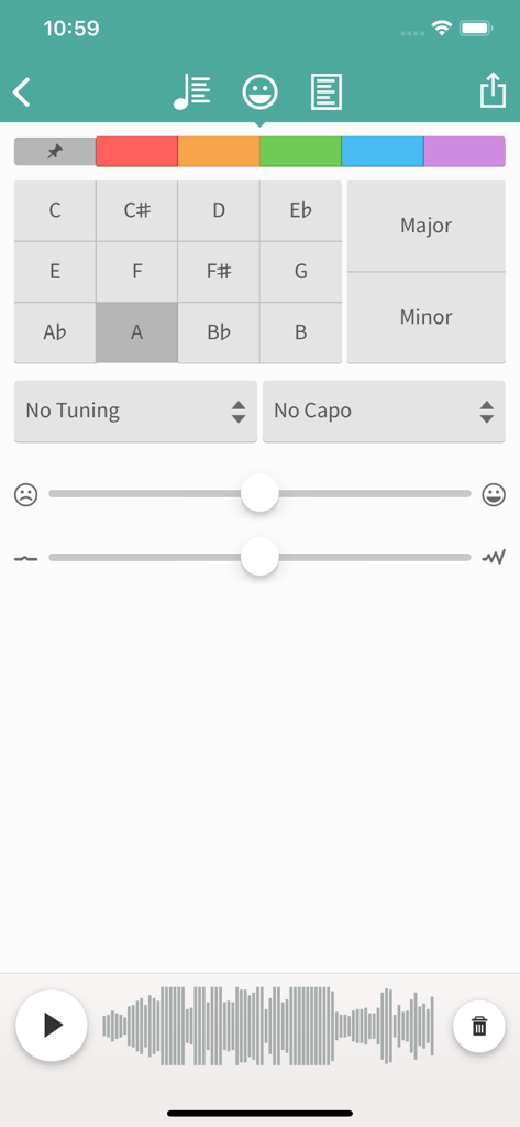 오디오 녹음 파형과 함께 음표, 분위기, 튜닝별로 노래 아이디어를 태그하기 위한 Hum 앱 인터페이스.