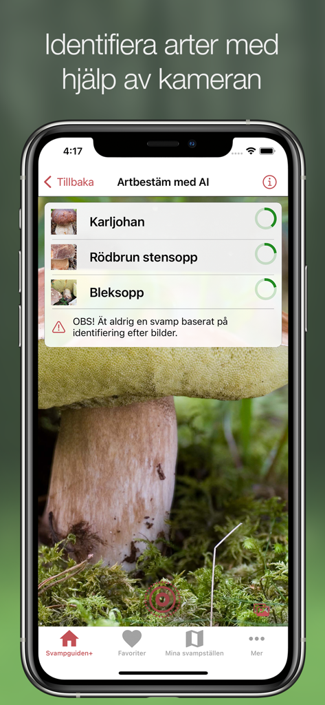 Svampguiden+ - AI mushroom identification feature in Svampguiden+ app using the camera