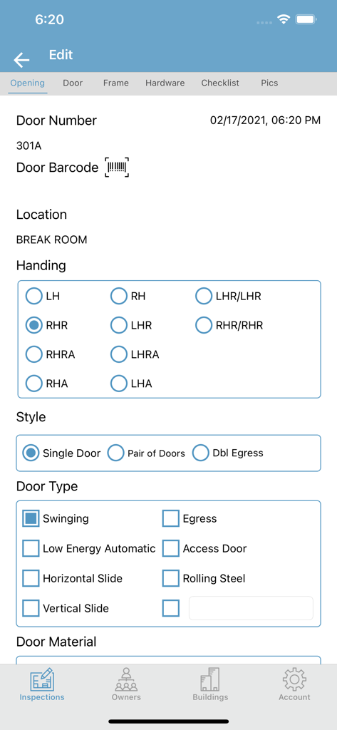 DOORDATA - ドアデータ収集フォーム。ドア番号、場所、ハンド、スタイル、ドアタイプのフィールドが表示されています。