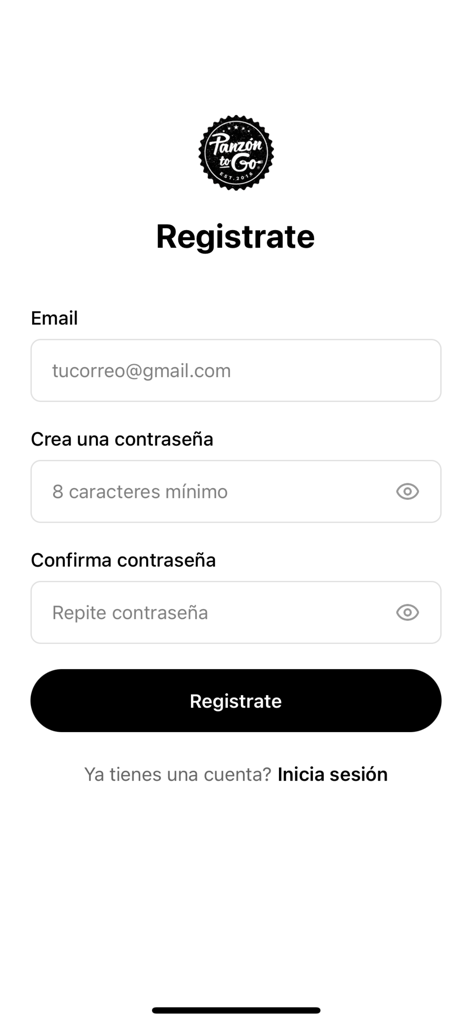 Panzon To Go - Pantalla de registro de Panzon To Go con campos para correo electrónico y contraseña