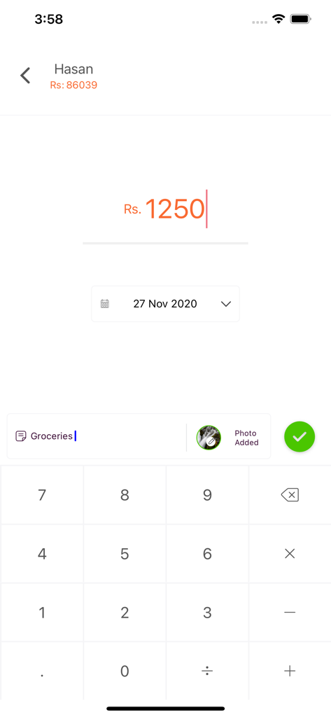 Udhaar Book – Digi Khata Book - A transaction entry screen in the Udhaar Book app showing a grocery purchase record.