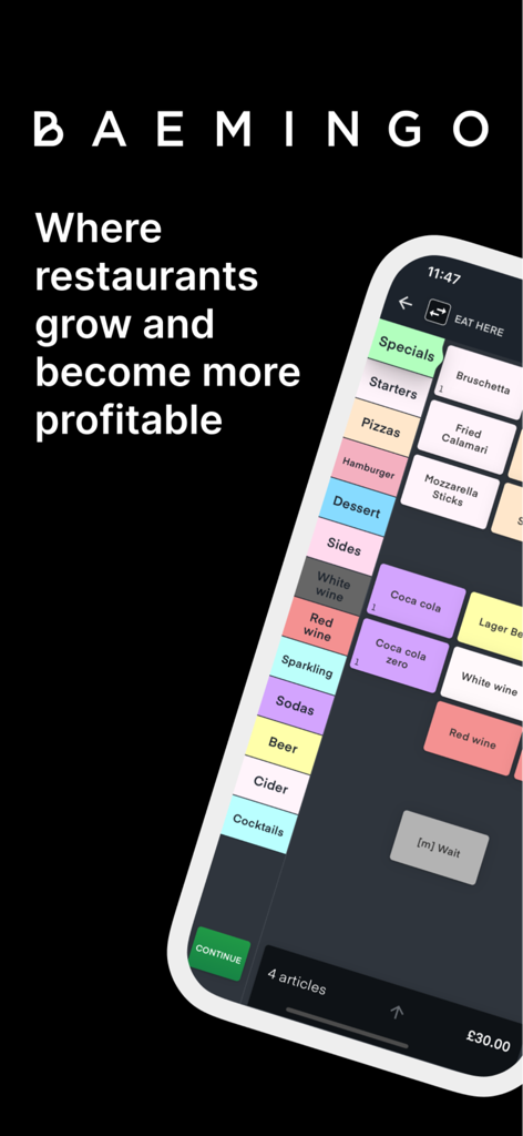 Interfaz de punto de venta móvil de Baemingo que muestra un menú digital de restaurante para la gestión de pedidos