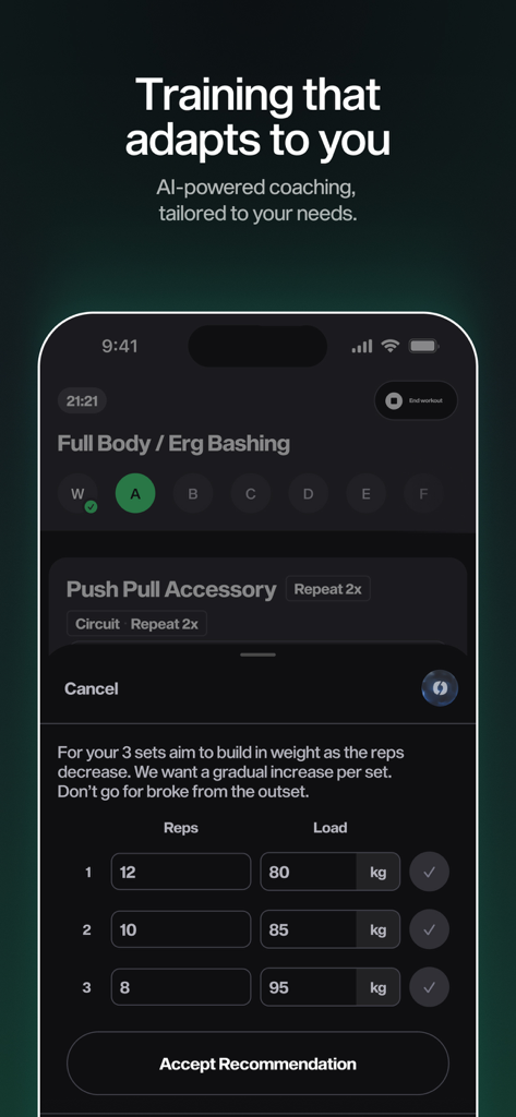MARCHON TRAINING - Interface do aplicativo MARCHON TRAINING exibindo recomendações de treinamento com IA e registro de exercícios