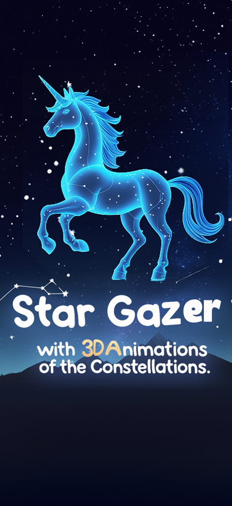 A glowing blue 3D unicorn constellation animation in the night sky from the Star Gazer app