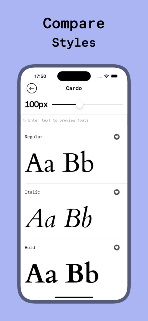 Font Finder: Fontastic - Interface of Fontastic app showing different font styles for the Cardo typeface including Regular, Italic, and Bold.