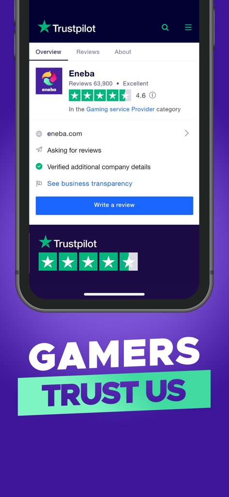 Capture d'écran de l'application Eneba montrant une note Trustpilot de 4,6 étoiles et le texte Les joueurs nous font confiance