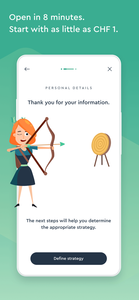 Pantalla de la aplicación VIAC mostrando a un arquero apuntando a un objetivo para la selección de la estrategia de inversión