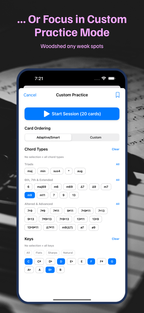 Jazz Piano Voicings - Interface of the Jazz Piano Voicings app custom practice mode showing selection options for chord types and musical keys.