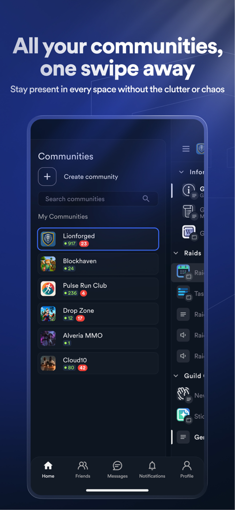 Root: Built for Community - Mobile screen of the Root app displaying a list of user communities and navigation options.