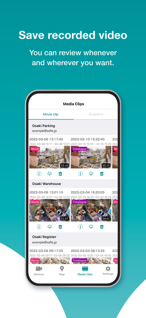 Safie Viewer app screen showing a list of recorded movie and timelapse clips from different business locations