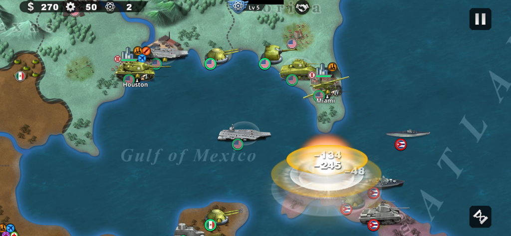 A strategic map gameplay from World Conqueror 4 showing military units and a naval attack in the Gulf of Mexico near Florida and Cuba.