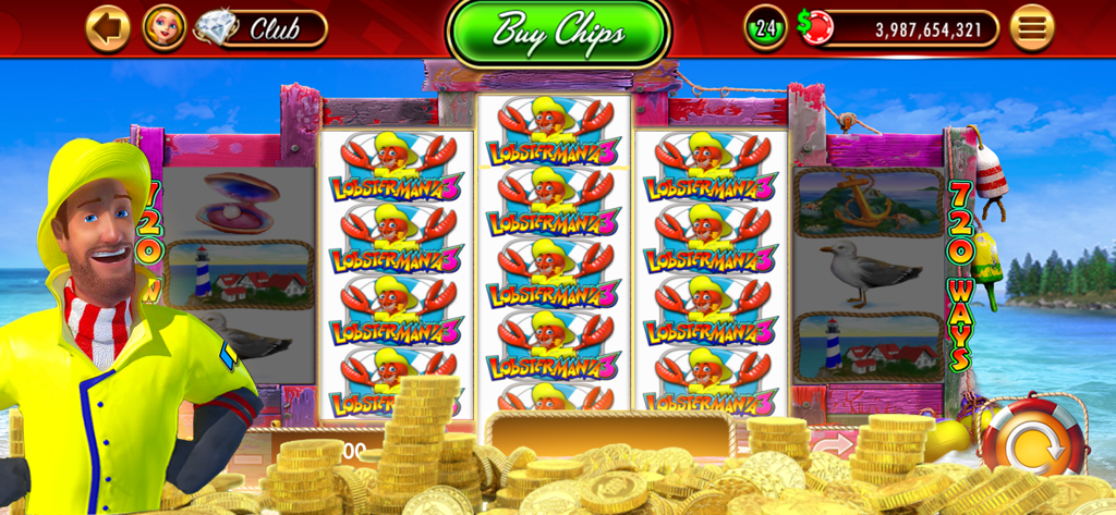 DoubleDown™ Casino Vegas Slots - DoubleDown Casino Lobstermania 3スロットマシンのインターフェース。漁師のキャラクターと金貨の山が表示されています。