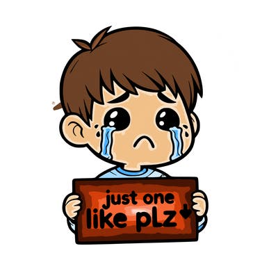 realistic crying boy with a sign saying just one like plz