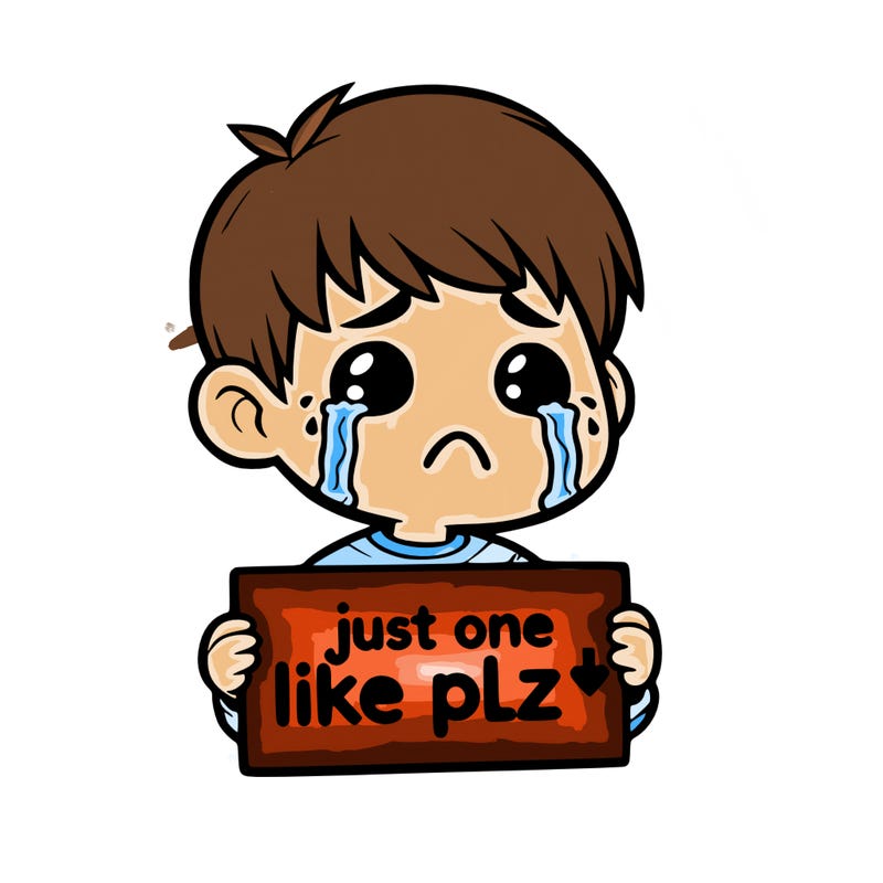 realistic crying boy with a sign saying just one like plz