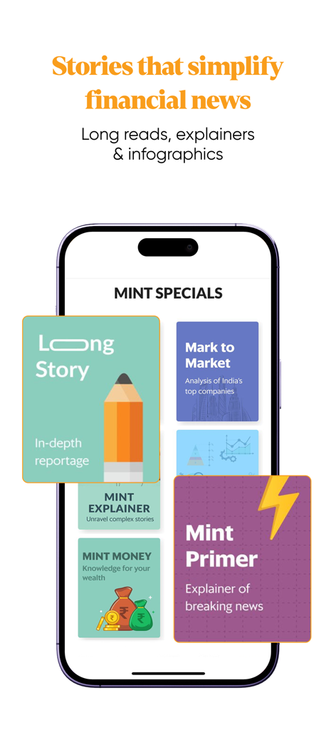 Uma tela de aplicativo móvel intitulada Mint Specials apresentando histórias longas, explicações de negócios e infográficos para notícias financeiras.