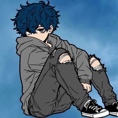 a male hoddie ripped jeans messy hair anime