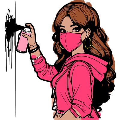 realistic girl with mask spray painting a wall