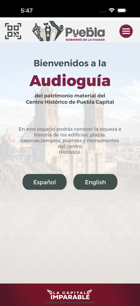 La Ciudad Como Museo - Welcome screen of the Puebla audio guide app showing language selection for English and Spanish
