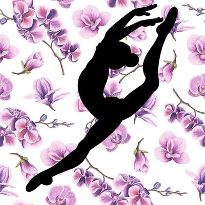 gymnast doing a leap in a leotard with a bent back leg
