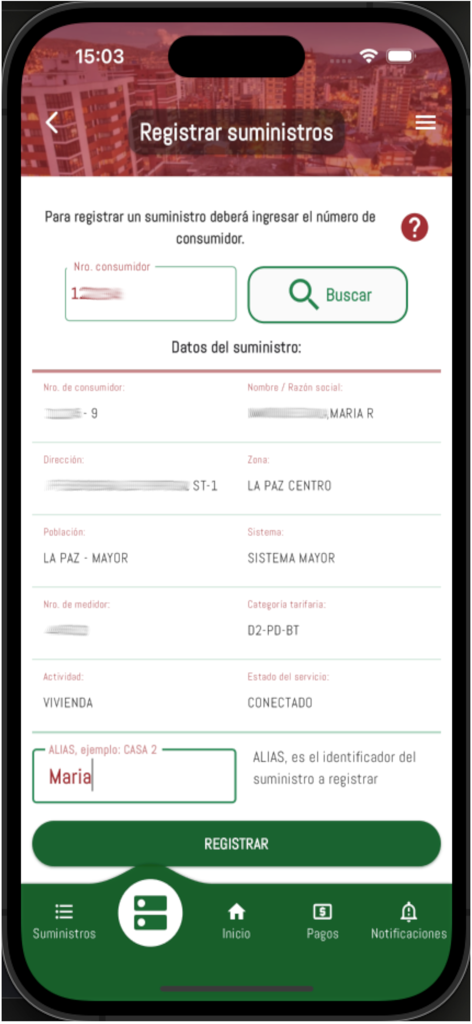 DELAPAZ APPLUZ - Interfaz de la aplicación DELAPAZ APPLUZ que muestra el formulario de registro de suministro eléctrico con campos de datos del consumidor.