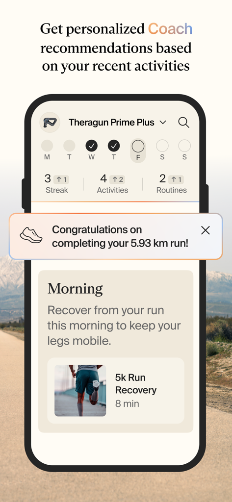 Pantalla de la aplicación Therabody que muestra recomendaciones de recuperación personalizadas y seguimiento de actividad después de una carrera.