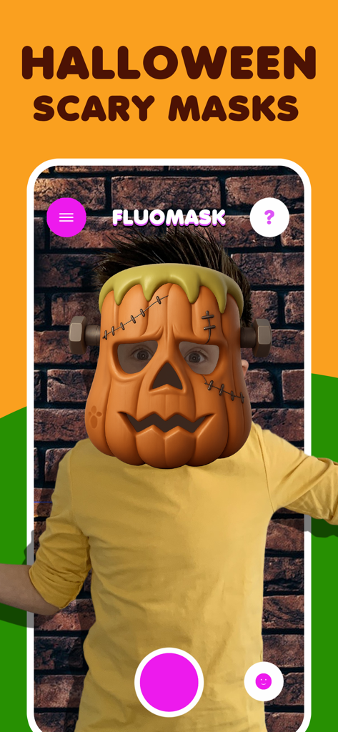 Face filter kids game FluoMask - A child using a Halloween pumpkin Frankenstein AR face filter in the FluoMask app