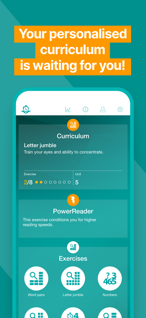 Panel de control de la aplicación Reading Trainer que muestra un currículo personalizado y varios ejercicios de velocidad de lectura.