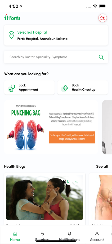 The home screen of the myFortis app displaying hospital selection and appointment booking buttons.