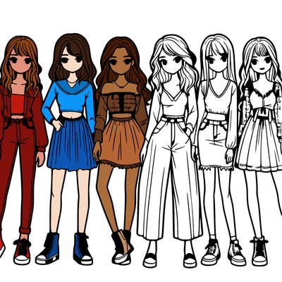a group of realistic girls standing together in a line