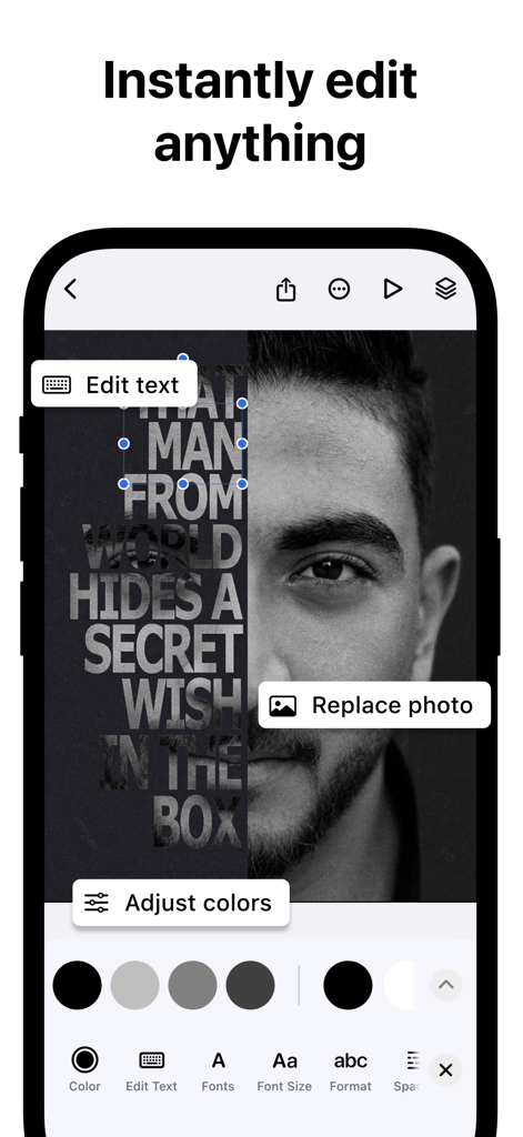 Creatic: Graphic Design Editor - Creatic mobile app interface showing text editing and photo adjustment tools for graphic design.