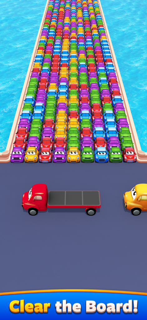 Rows of colorful cars on a long road in the Car Match traffic puzzle game