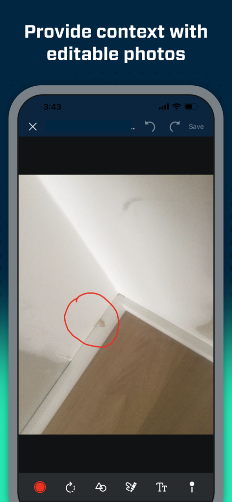 Aproplan mobile Oberfläche zeigt ein Foto einer Baustelle mit einer roten Kreis-Annotation zur Bereitstellung des Projektkontextes.