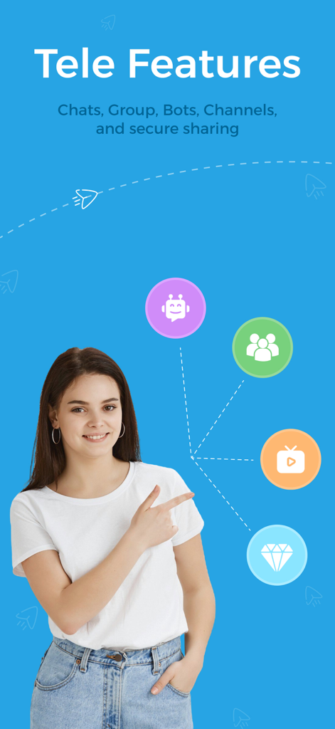 Une femme pointe des icônes représentant les fonctionnalités de groupes de discussion et de bots pour l'application de messagerie Tele Tools