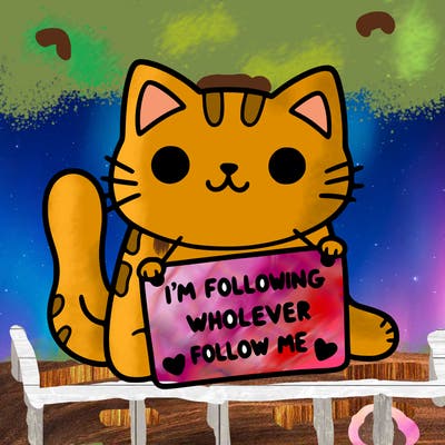cat with a sign that says i’m following whoever follows me
