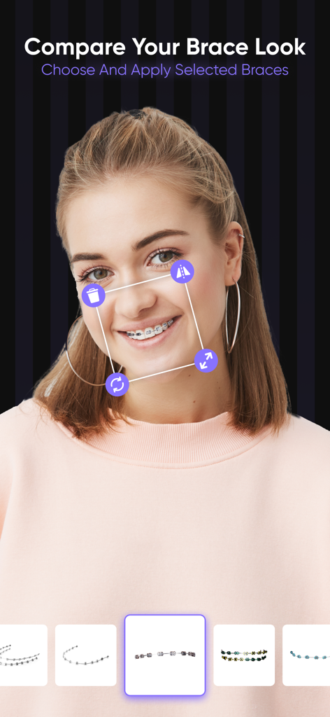 A young woman using a photo editor to preview different styles of virtual braces on her teeth.