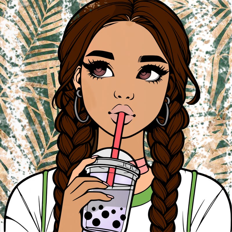 realistic girl with braided hair drinking boba