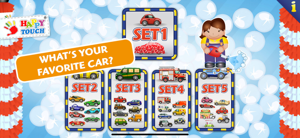 Menu screen showing different sets of toy cars and trucks for children to choose and wash
