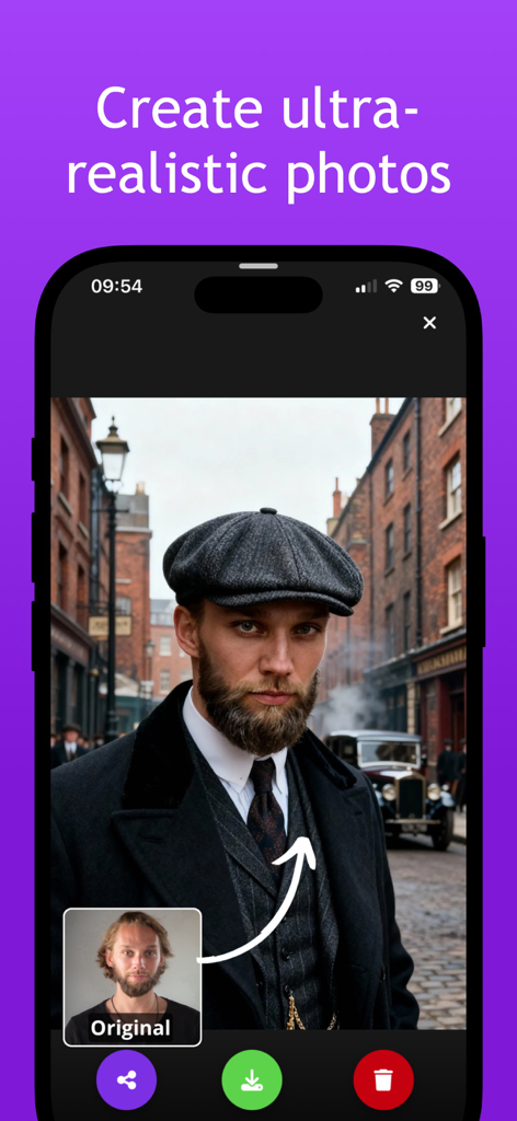 Selfie AI: AI Photo Generator - Selfie AI app interface showing a man's original photo transformed into an ultra-realistic historical portrait.