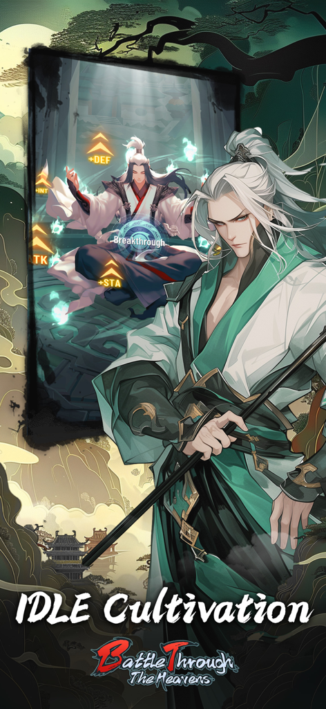 Gameplay di Battle Through the Heavens RPG che mostra coltivazione inattiva e avanzamento del personaggio