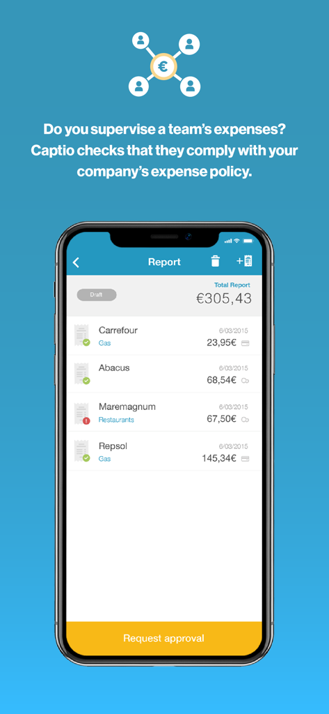 Captio Expenses mobile app screen showing a business expense report with policy compliance indicators and a request approval button.