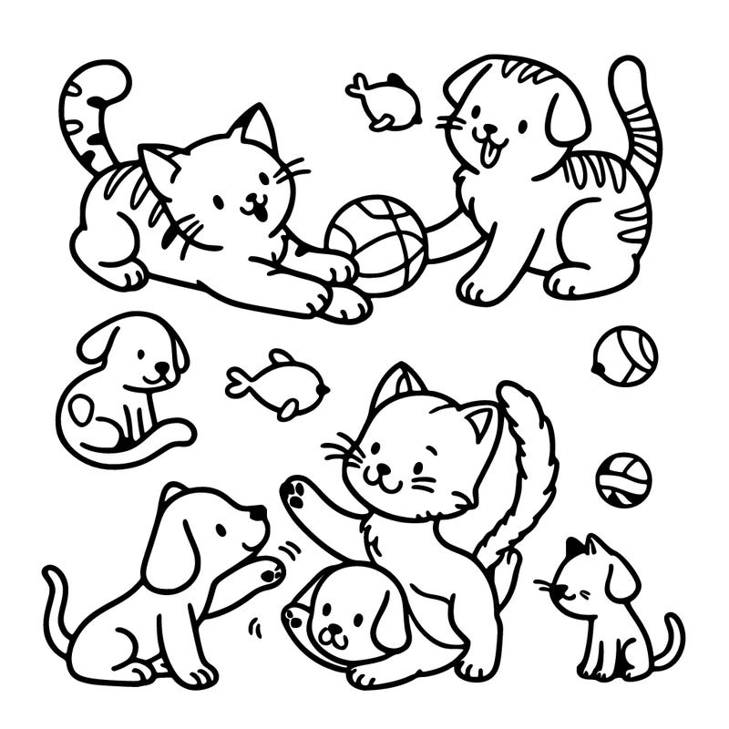 cats and dogs playing