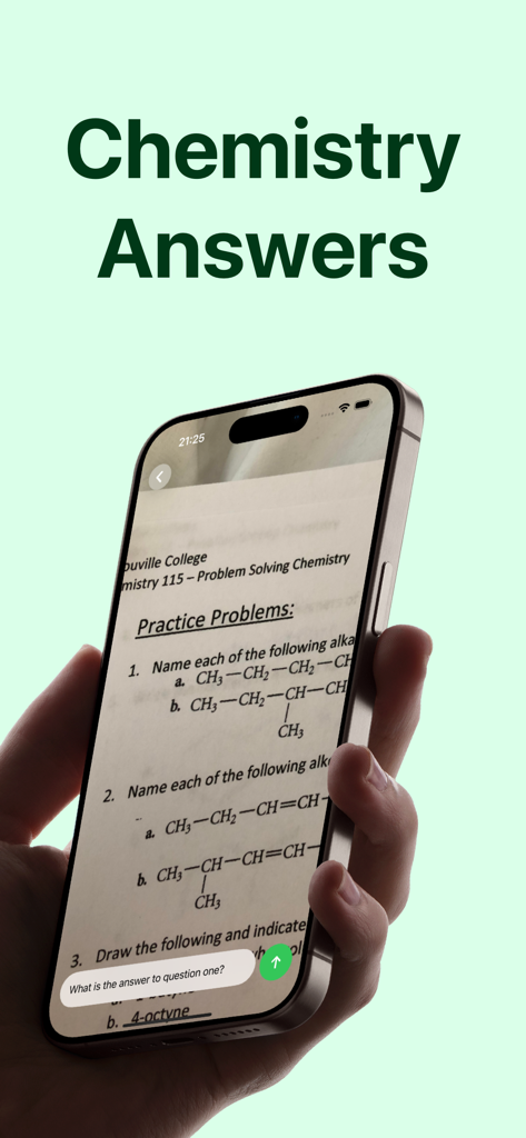 Chemistry Answers AI - Chemy - A person using the Chemy app to take a photo of a chemistry worksheet for instant answers and explanations.