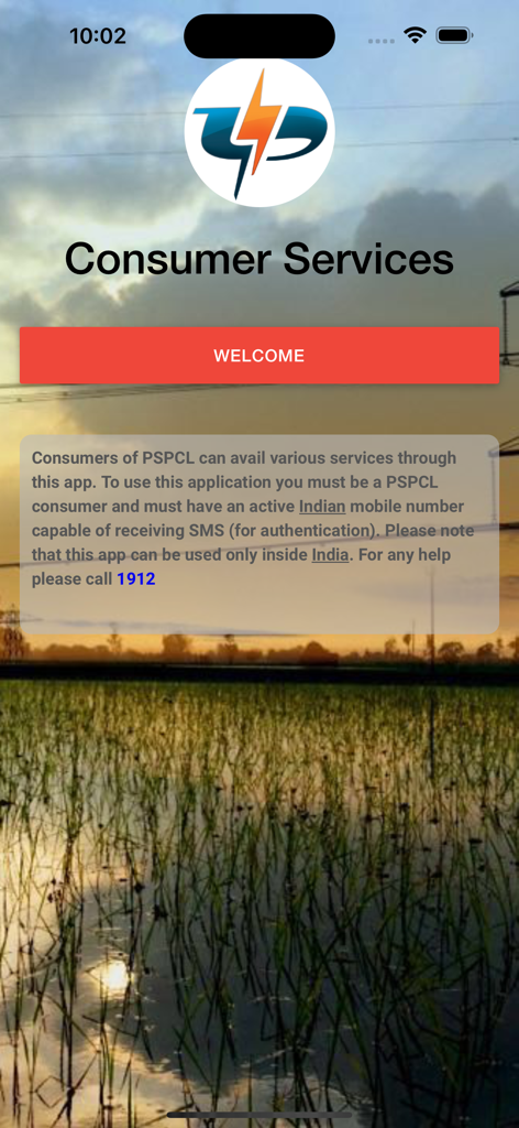 Welcome screen of the PSPCL Consumer Services app showing logo and login requirements over a landscape of Punjab.