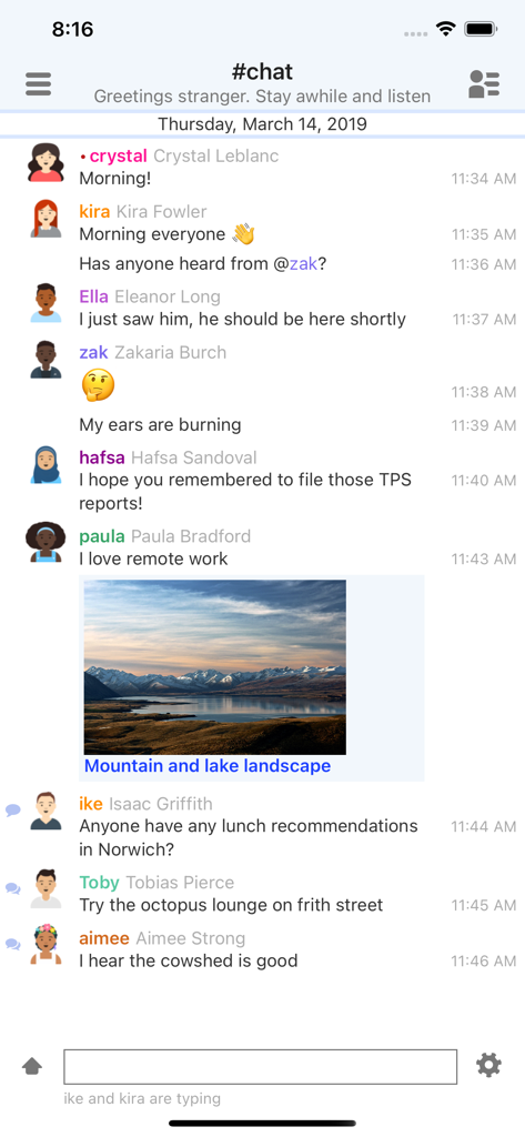 IRCCloud - A screenshot of the IRCCloud mobile app displaying a group chat with text messages and a shared landscape photo.