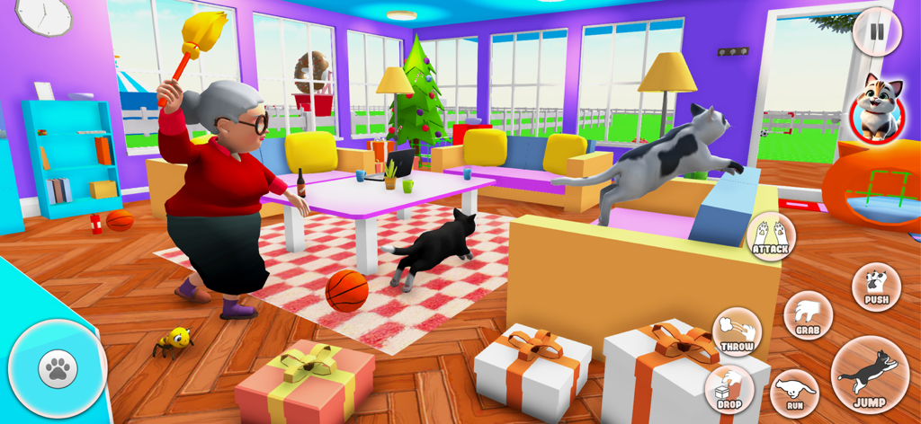Annoying Pet Game 3D - Dos gatos causando travesuras en una sala de estar mientras un adulto los persigue con una escoba