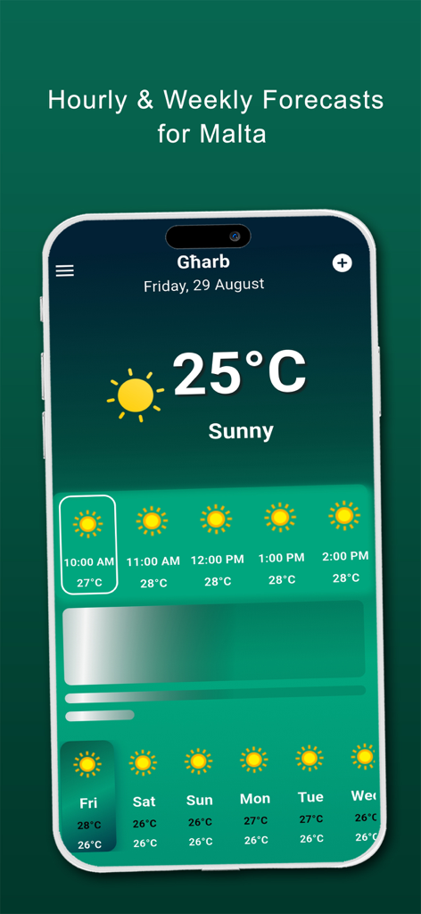 Malta Weather Forecast - Schermata di uno smartphone che mostra le previsioni meteo orarie e settimanali per Gharb Malta in una giornata di sole