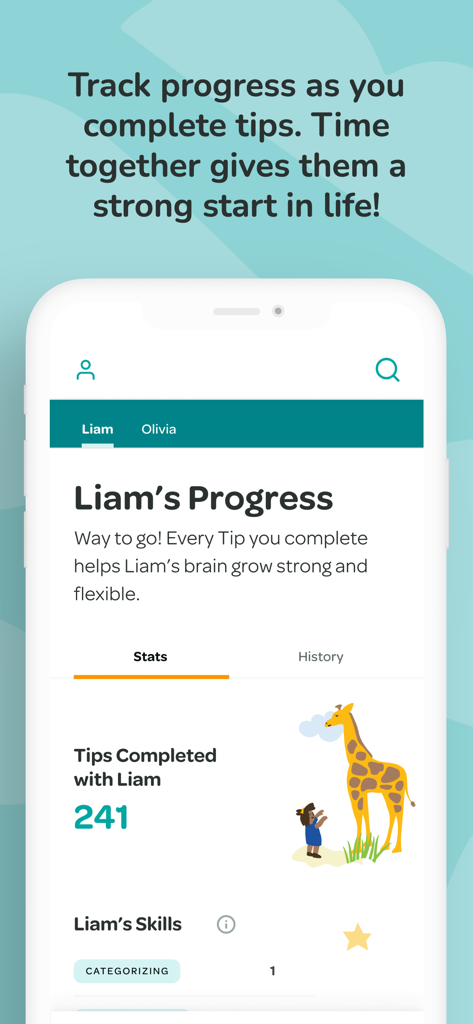 Vroom: Early Learning - A screen from the Vroom app showing a child's progress statistics including the number of brain-building tips completed