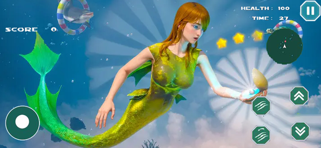 A 3D mermaid princess character swimming in the ocean holding an open shell with a pearl